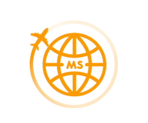 an outline drawing of a globe showing a plane circling it.