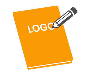 An outline drawing of a closed menu showing a pencil drawing the word logo. 